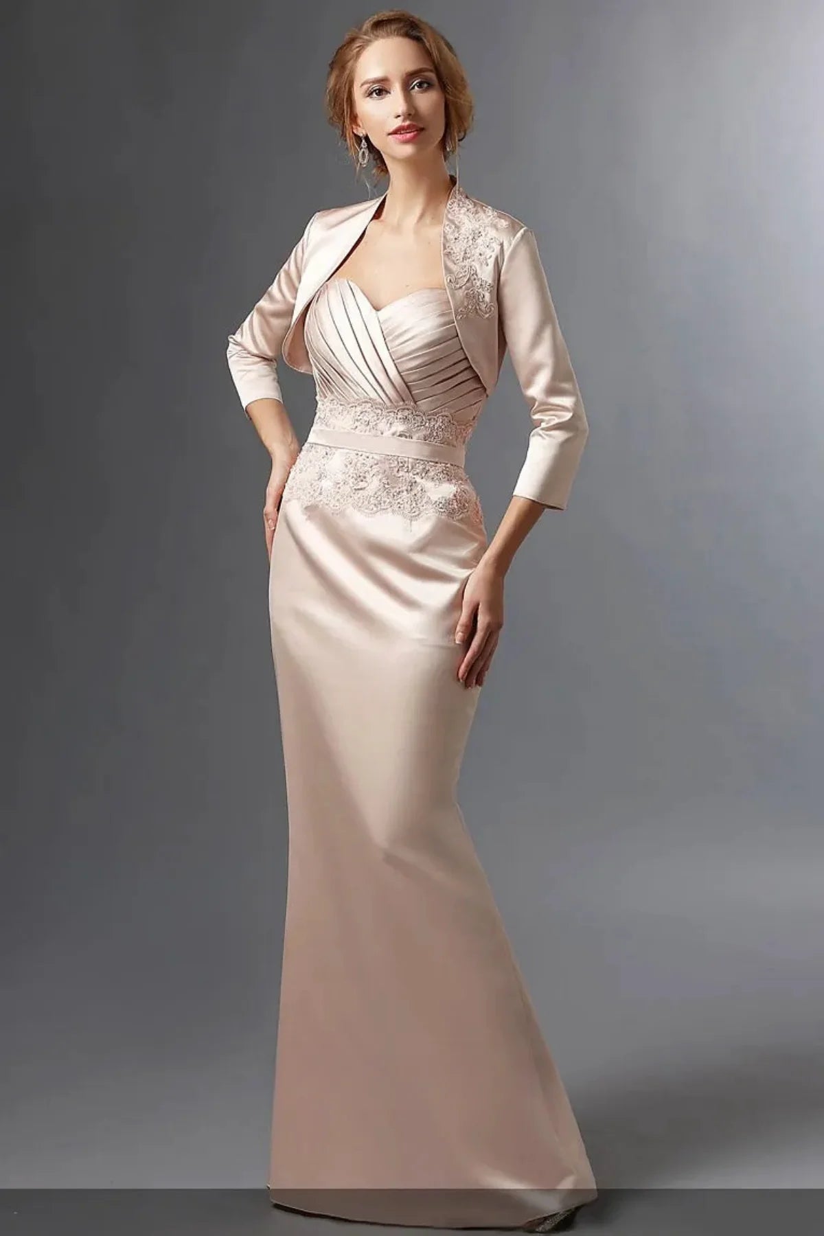 Champagne Soft Satin Wedding Party Dresses 3/4 Sleeve Jacket Sweetheart Neckline pleated Formal Prom Mother of the Bride Gowns