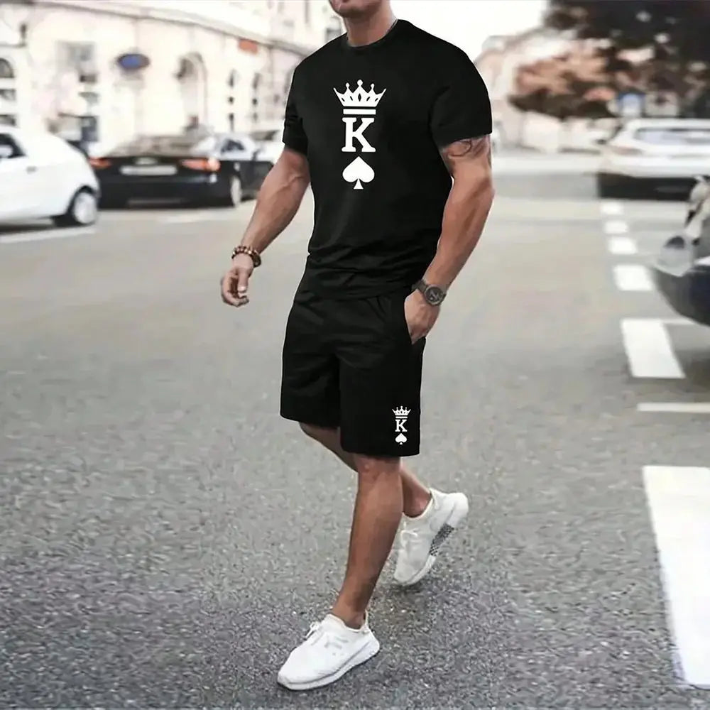 Men's Outdoor Printed T-shirt Shorts 2-piece Set 3D Printed O-neck Fashionable Men's Casual Breathable and Comfortable Set