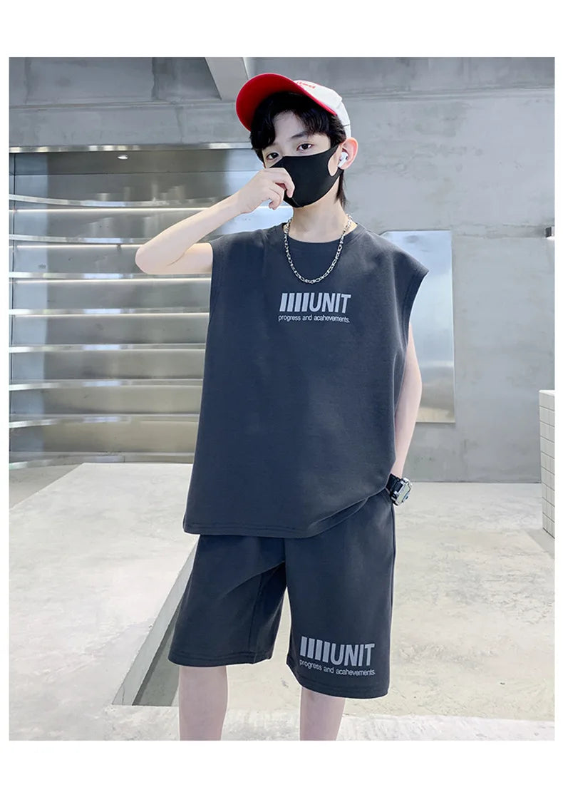 Boys Summer Suit New Children's Sleeveless Vest Sports Suit Fried Street Clothes Cool Handsome Summer Children's Clothing