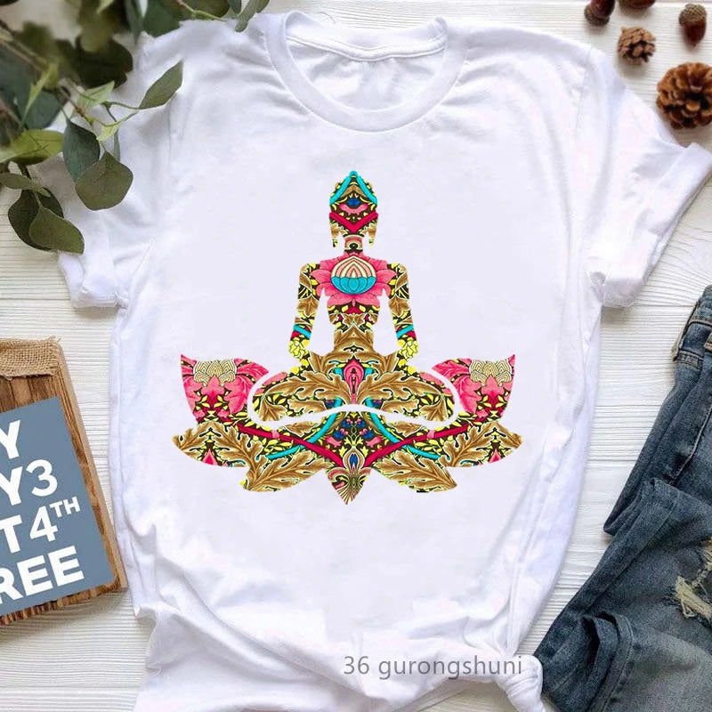 Newest Yoga Tree Print Tshirt Girls Summer Fashion Short Sleeve T Shirt Women Buddha Chakra Meditation T-Shirt Female Wholesale