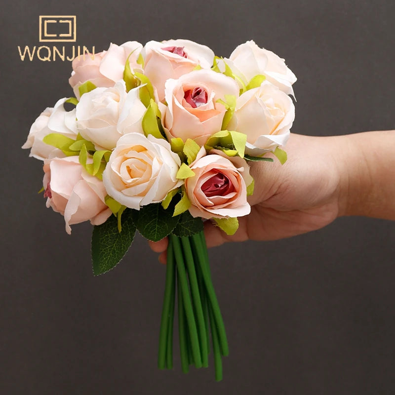 WQNJIN Artificial Flower Bouquet 12 Heads Silk Rose Blue Flower Fake Rose Bunch Wedding Party Home Table Gift Decoration