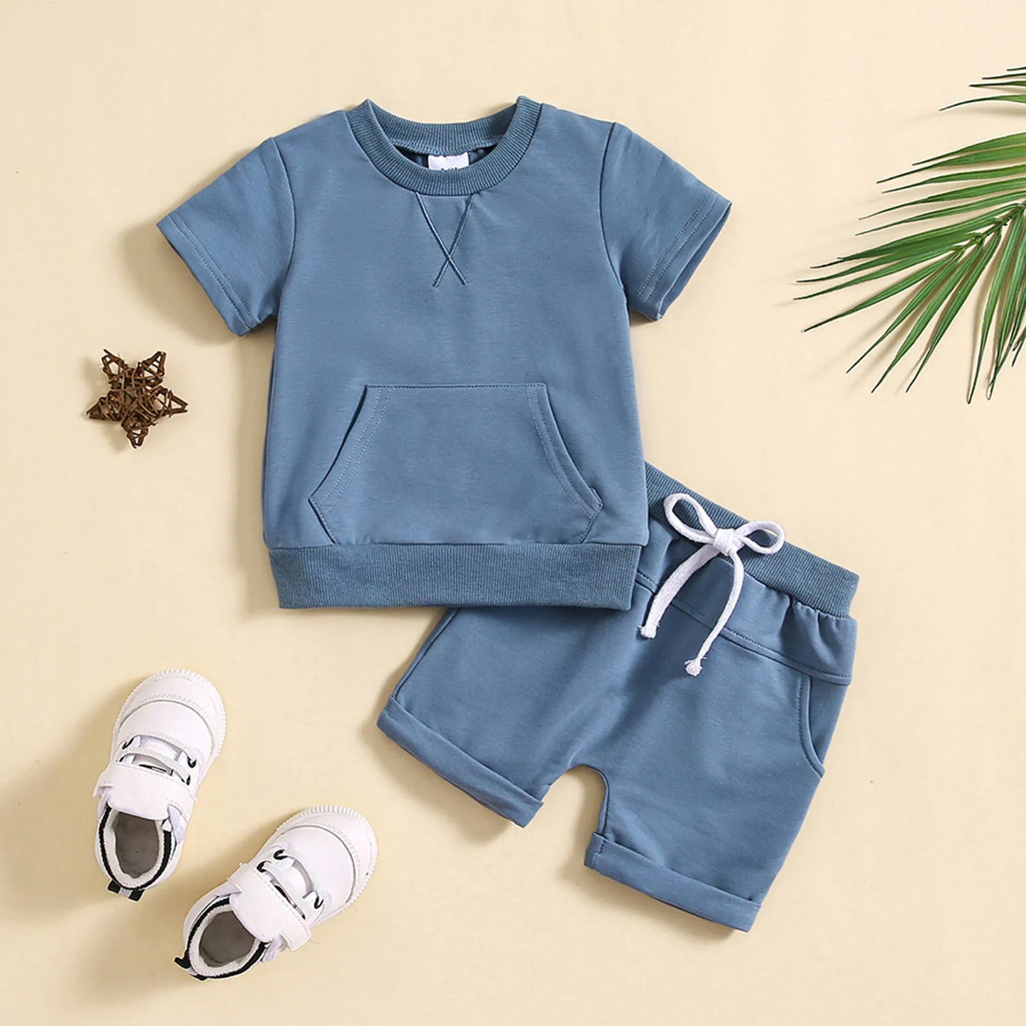 Summer Baby Clothing Set For Boys Clothes Casual Solid Color Short Sleeve Pocket T-shirt with Shorts 2PCS Toddler Infant Outfits