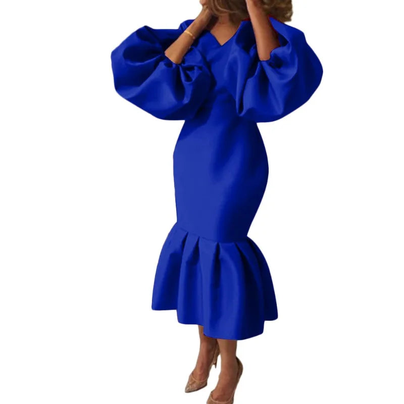 African Women's Fashion Solid Color V-neck Bubble Long-sleeved Fishtail Skirt European and American Dress