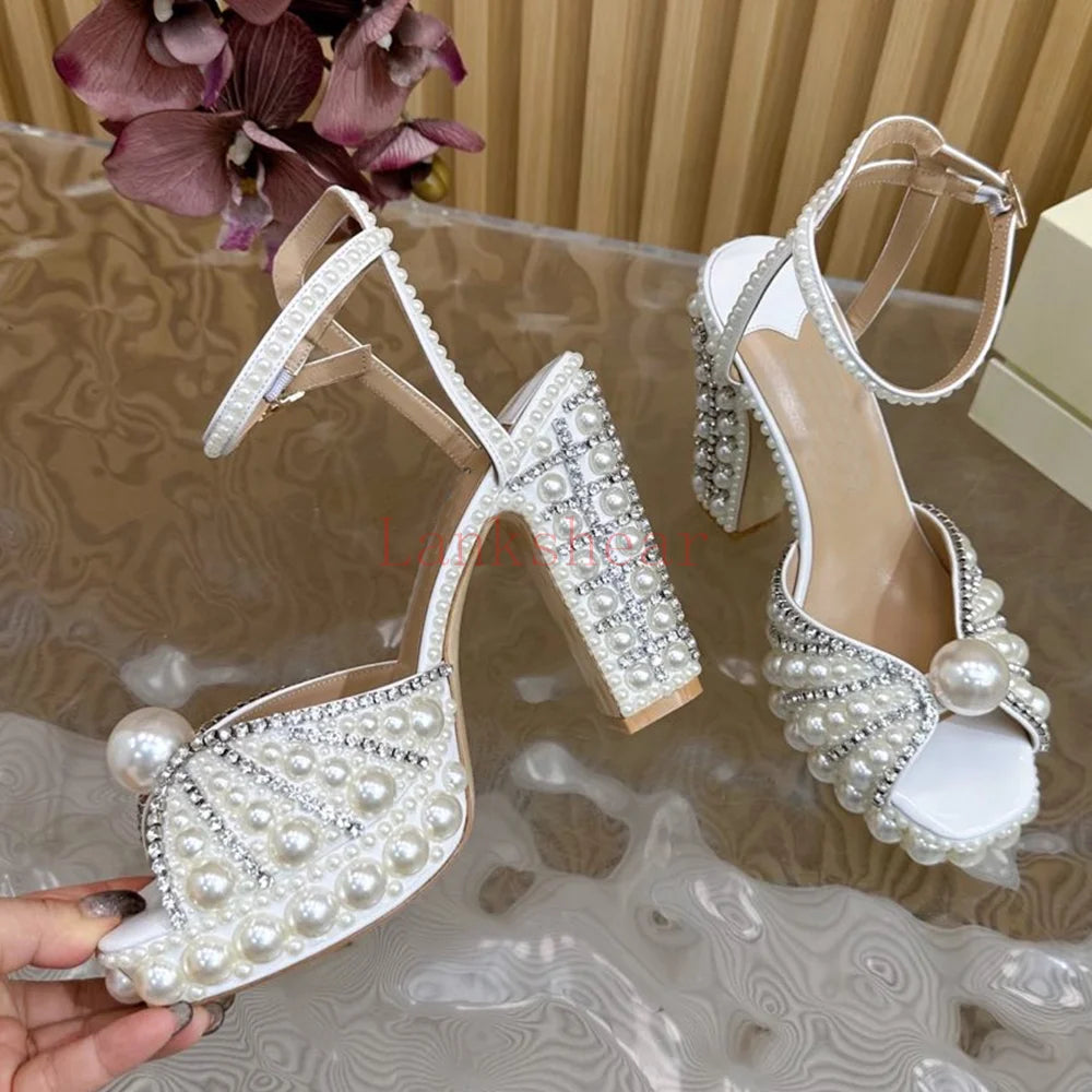 Pearl Crystal Platform Sandals Sexy Square Teoe Thick Heel Anke Strap New Arrivasl Fashion Women Modern Runway Shoes