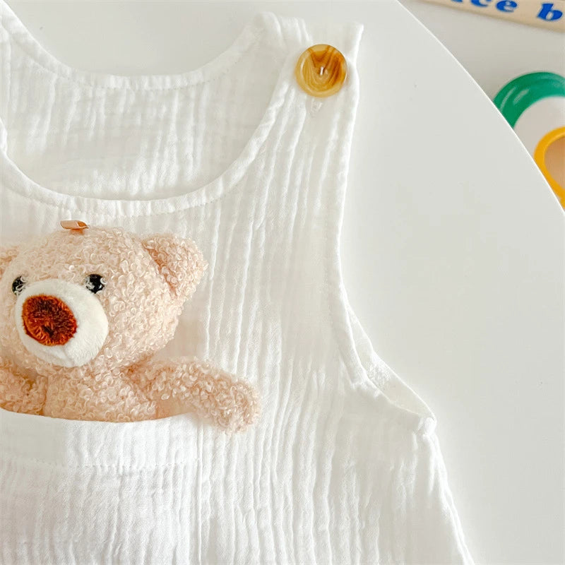 3Pcs Muslin Baby Jumpsuit Coat Hat Bear Baby Summer Clothes Set Kids Coat Romper White Toddler Outfit Suit Infant Clothing 0-3T