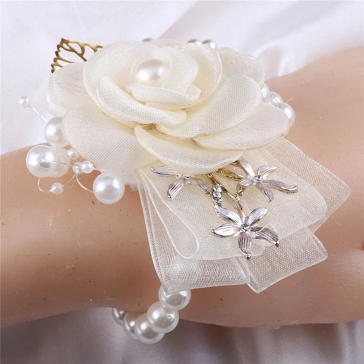 Artifical Rose Flowers Pearl Beaded Wrist Flower Ivory Flowers Bridesmaid Mensuit Marriage Wedding Accessories