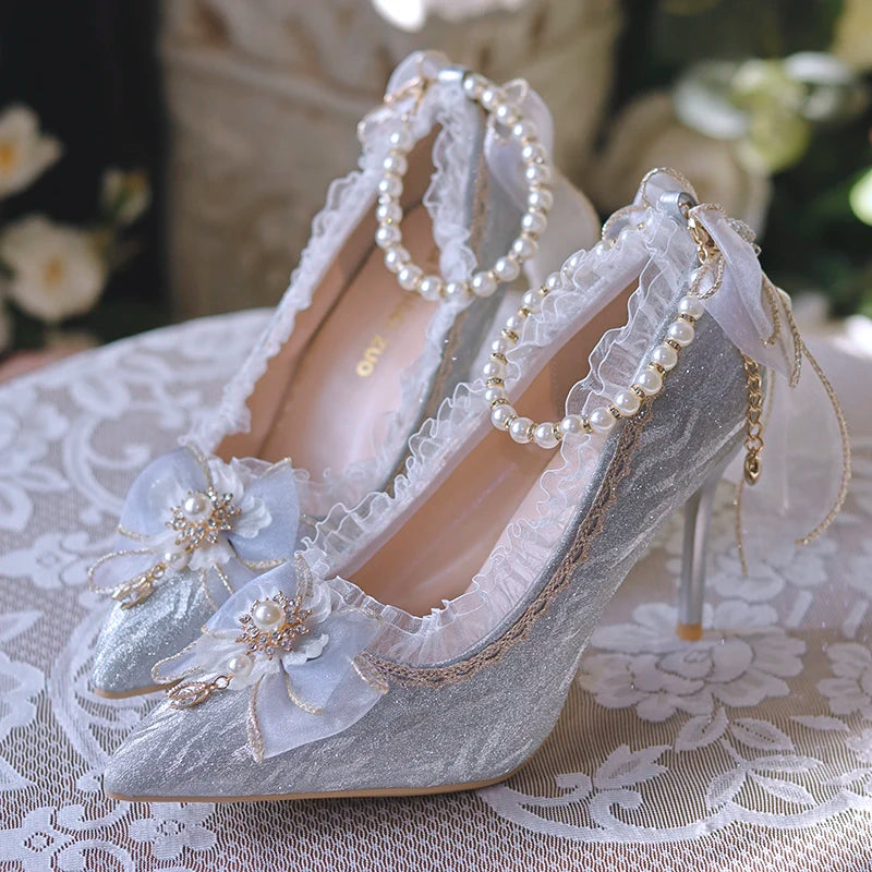 Lolita High Heels One Night Story Lolita Shoes Shiny Pointed High Heels Flower Wedding Ceremony 18 Year Old Slim Heels