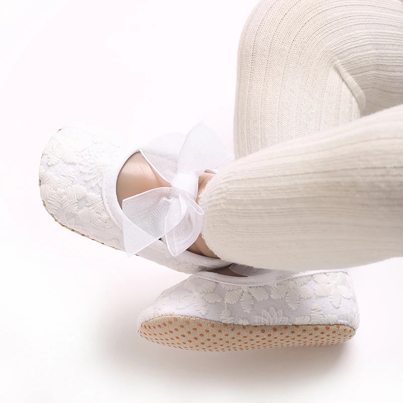 VALEN SINA 0-18 Months Newborn Girl White Baptism Shoes Bow Non-slip Rubber Soft-Sole Flat PU First Walker Mary Janes
