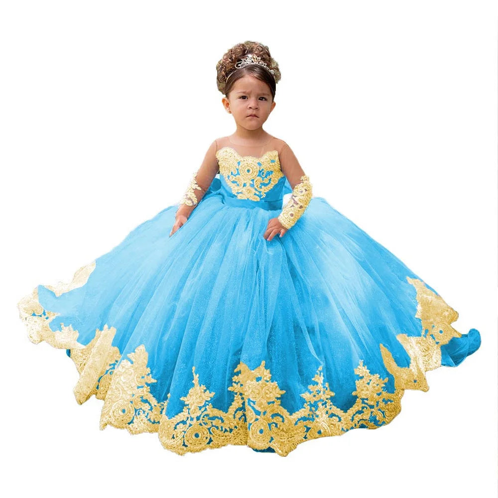 Gold Lace Appliqué Flower Girl Dresses For Wedding Full Sleeves Princess First Communion Dress Toddlers Long Birthday Party Gown