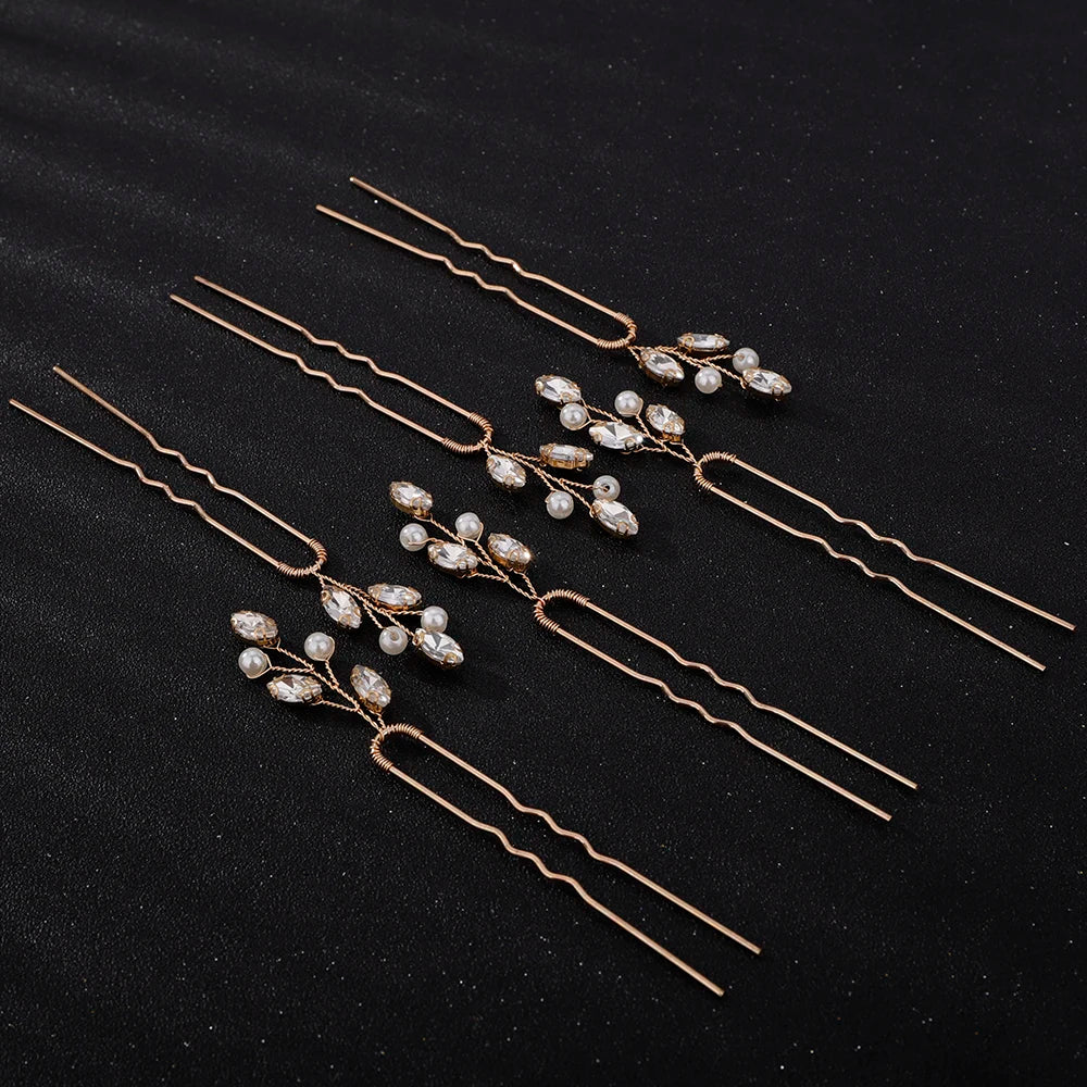 Silver Rhinestone Hairpins for Wedding Hair Accessories Women Handmade Gold Pearl Bridal Hair Pins Simple Trendy Headpiece Tiara
