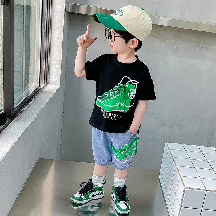 2849 Boys Summer Suit 2023 New Children's Summer Cool Handsome Short Sleeve Baby Boy Thin Fashionable Clothes