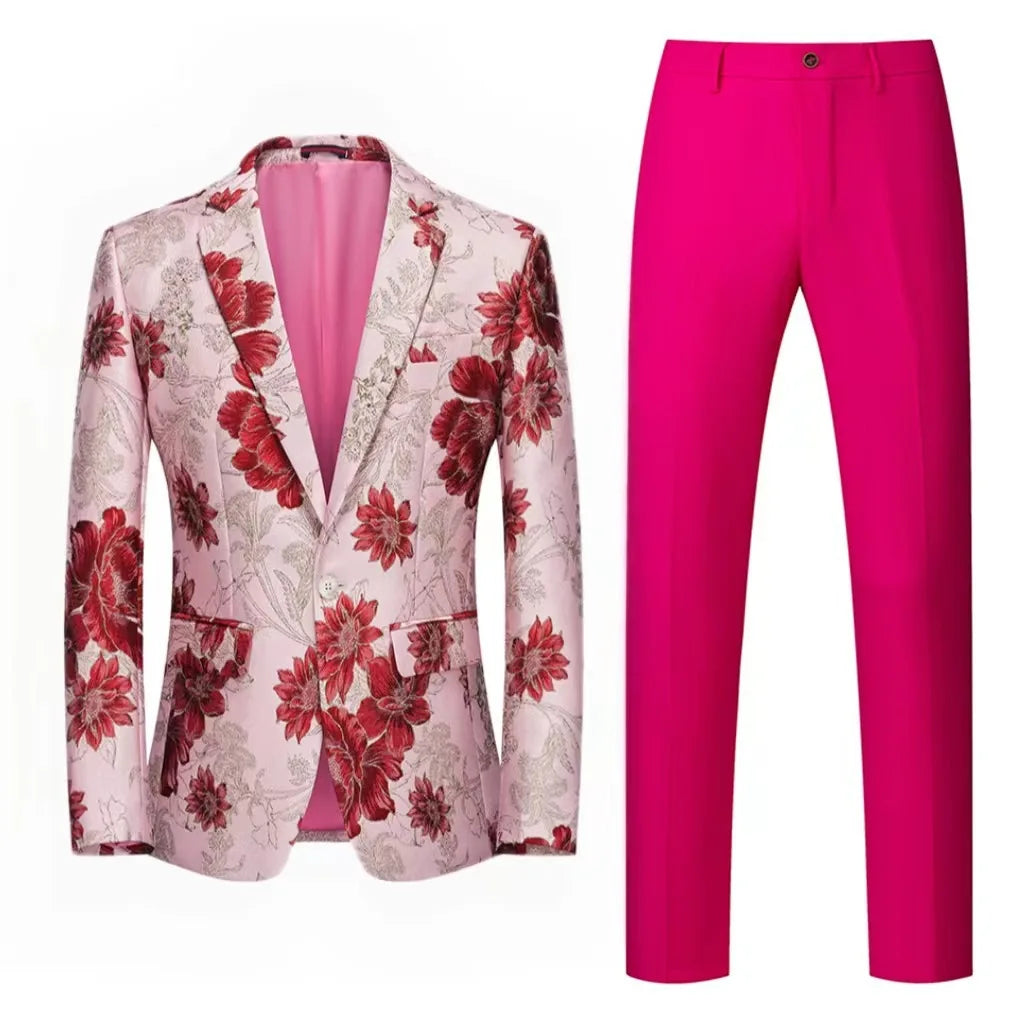 Men Suit 2 Pieces Orange Flower Pattern One Button Business Casual For Wedding Birthday Party Set Jacket And Pants
