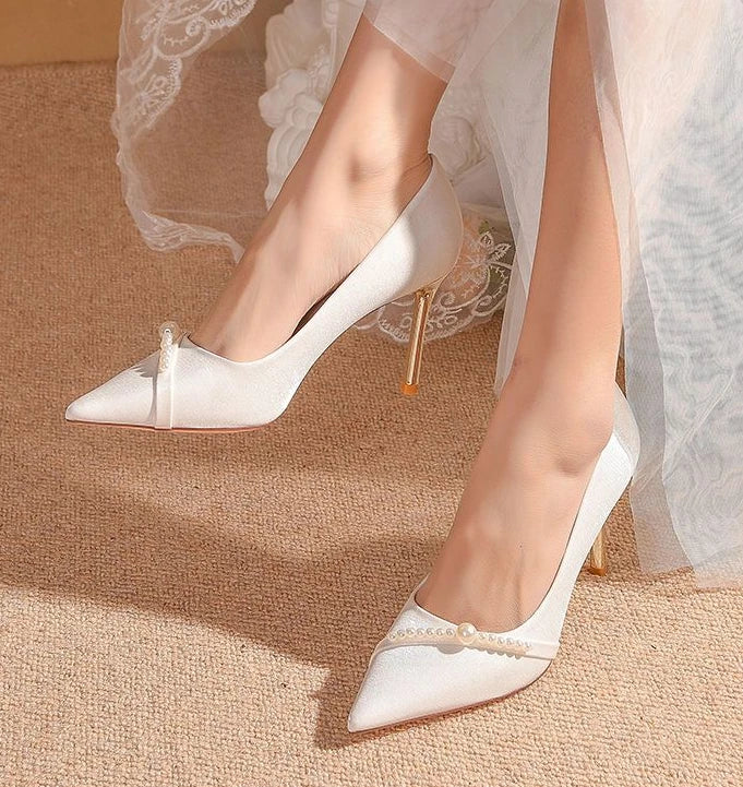 Women's Summer Footwear Bride Pumps Shoes for Woman 2024 Wedding Shoe on Heeled Pointed Toe Pearl Stilito High Heels Popular 39