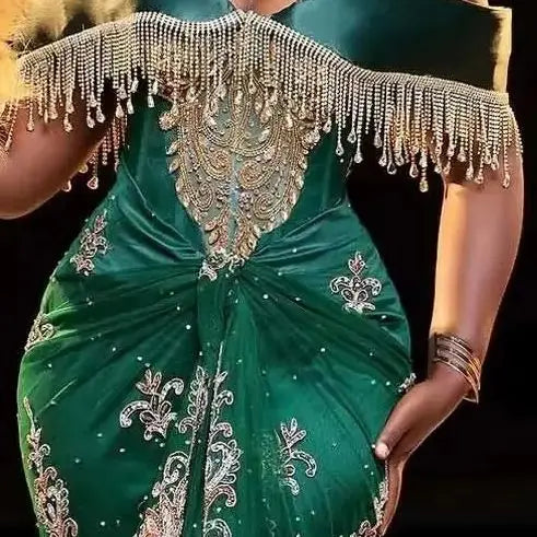 Aso Ebi Long Evening Dresses Green African Wedding Party Gowns Beaded Tassels Nigerian Traditional Prom Dress Applique