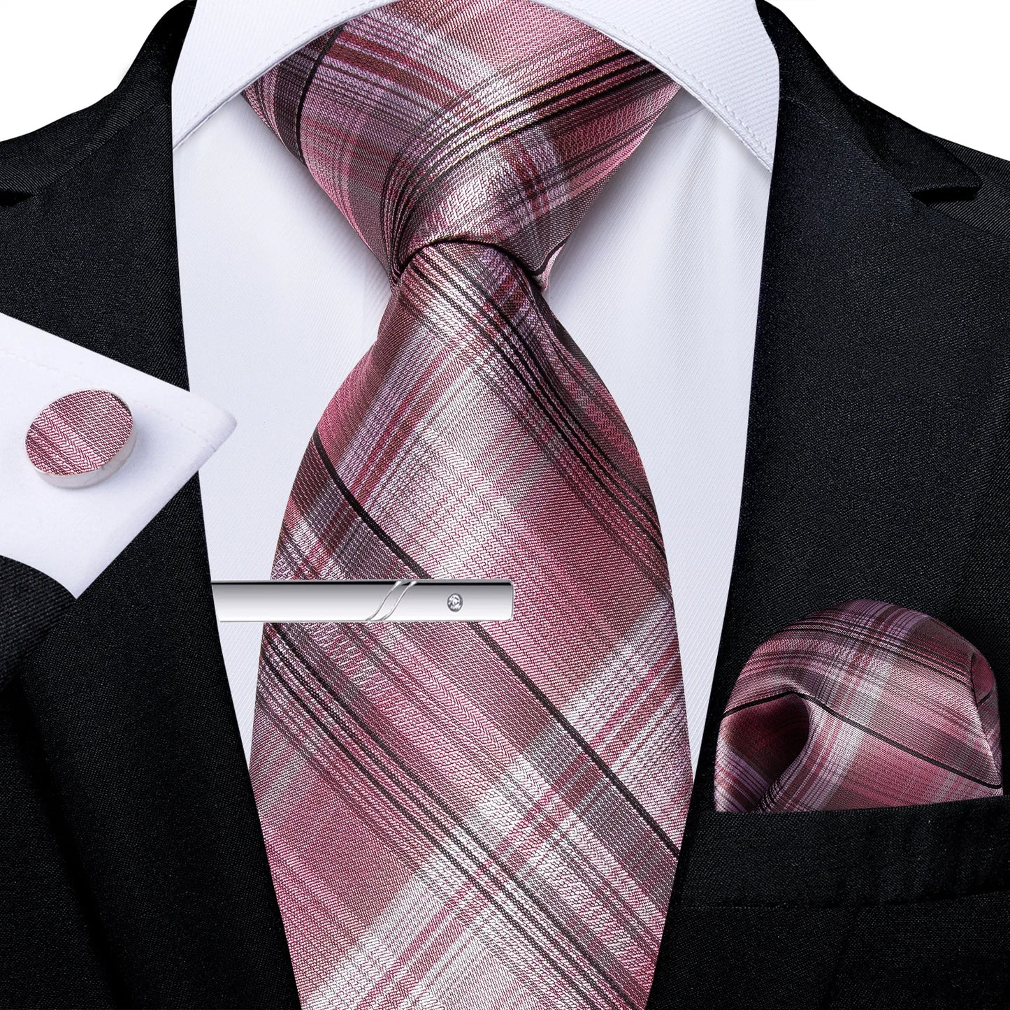 Men's Tie Set with Clip Luxury Retro Red Blue Floral 8cm Necktie Handkerchief Cufflinks Wedding Party Business Accessories Gift