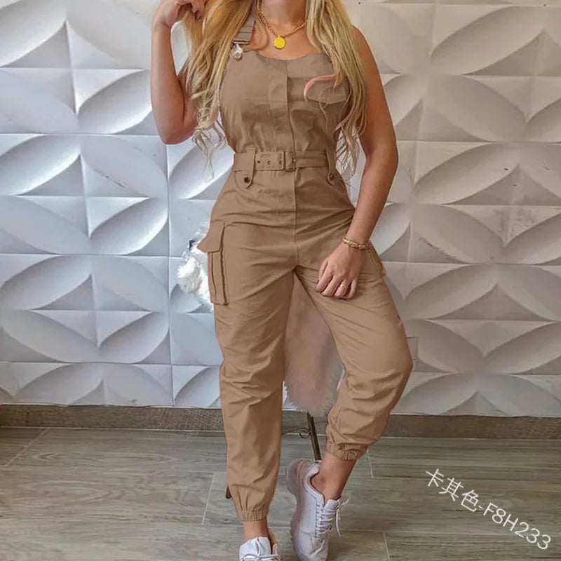 Autumn Women's Clothing Bodysuit Jumpsuit 2023 Simple Zipper Cargo High Waisted Conjoined Body Pants Sleeveless Strap Trousers