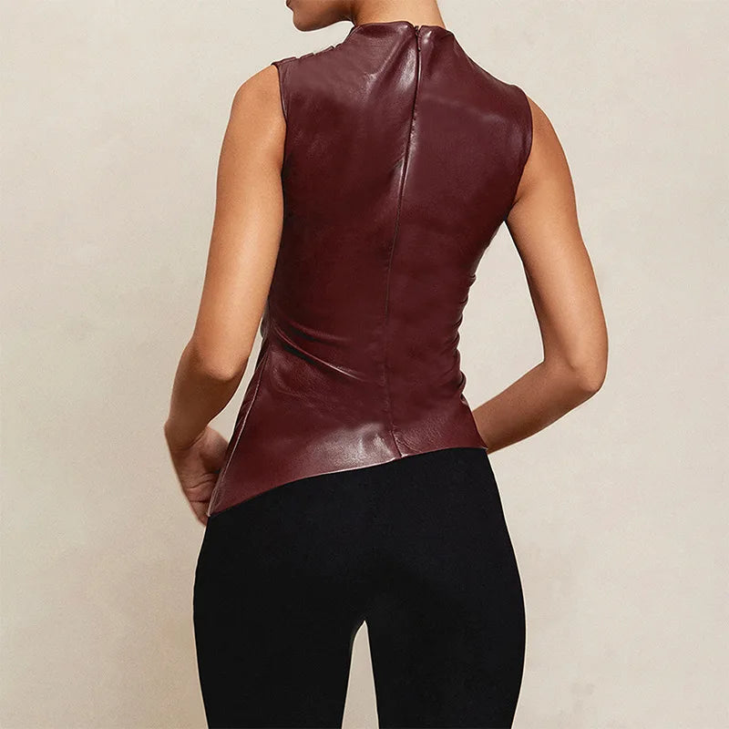 New Fashion Solid Color Leather Stacked Collar Personalized Waist Straightening Sleeveless Top For Women