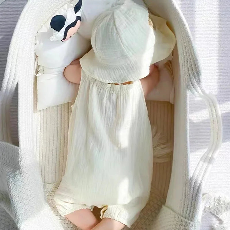 3Pcs Muslin Baby Jumpsuit Coat Hat Bear Baby Summer Clothes Set Kids Coat Romper White Toddler Outfit Suit Infant Clothing 0-3T
