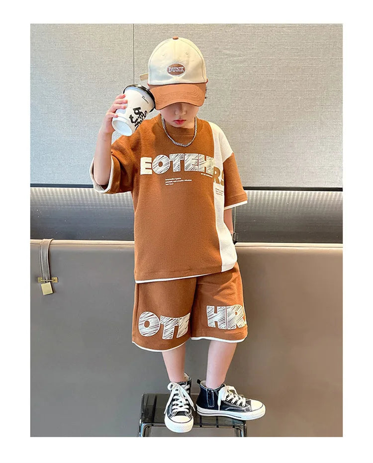 New Summer Teenagers Boys Clothing Sets Child Fashion Letter Top And Shorts 2Pcs Kids Tracksuit 4 5 6 7 8 9 10 11 12 13 14 Years