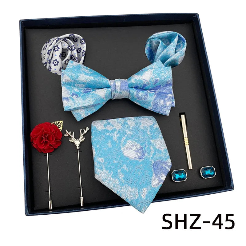 Vintage Green Men's Tie Set Luxury Neck Ties For Wedding Gift Bowtie Handkerchief Cufflinks Tie Clip Brooch Set For Male Necktie