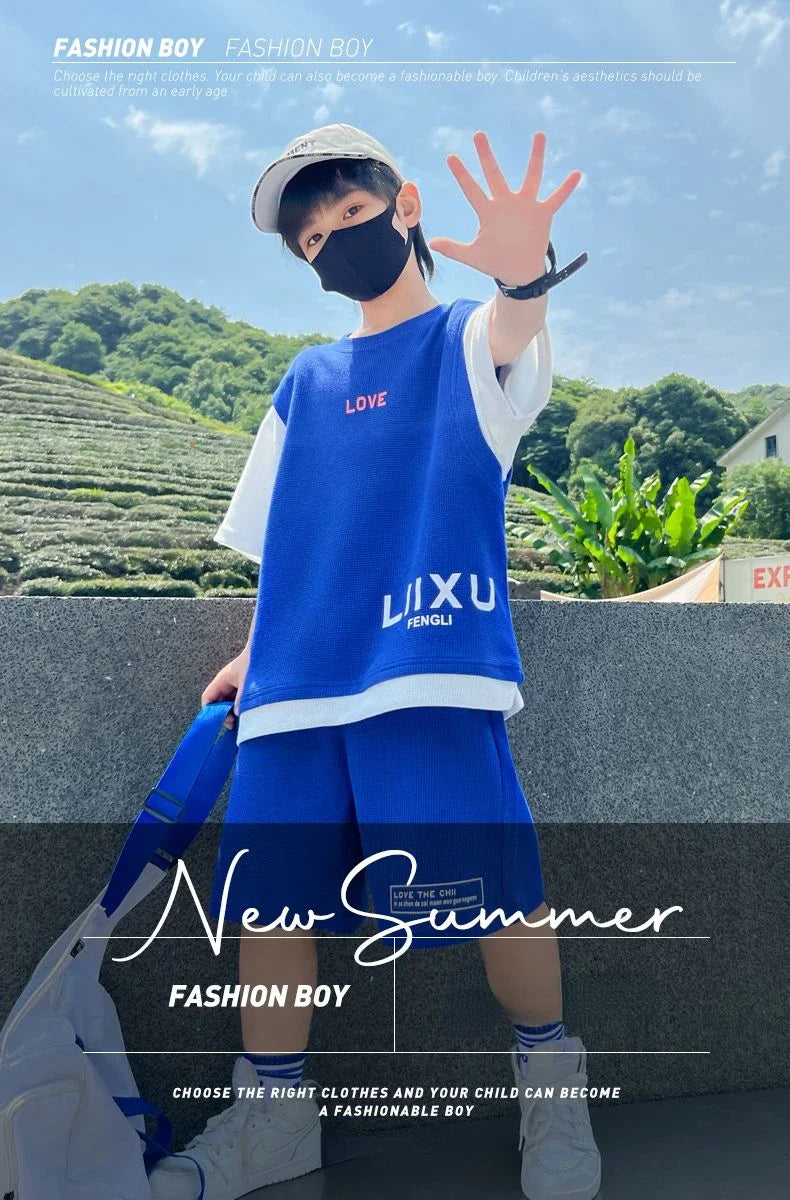 Junior Boys Summer Suit Children's Fashion Patchwork Short Sleeve Shorts Sports Suit Clothing 3-14Y Trend