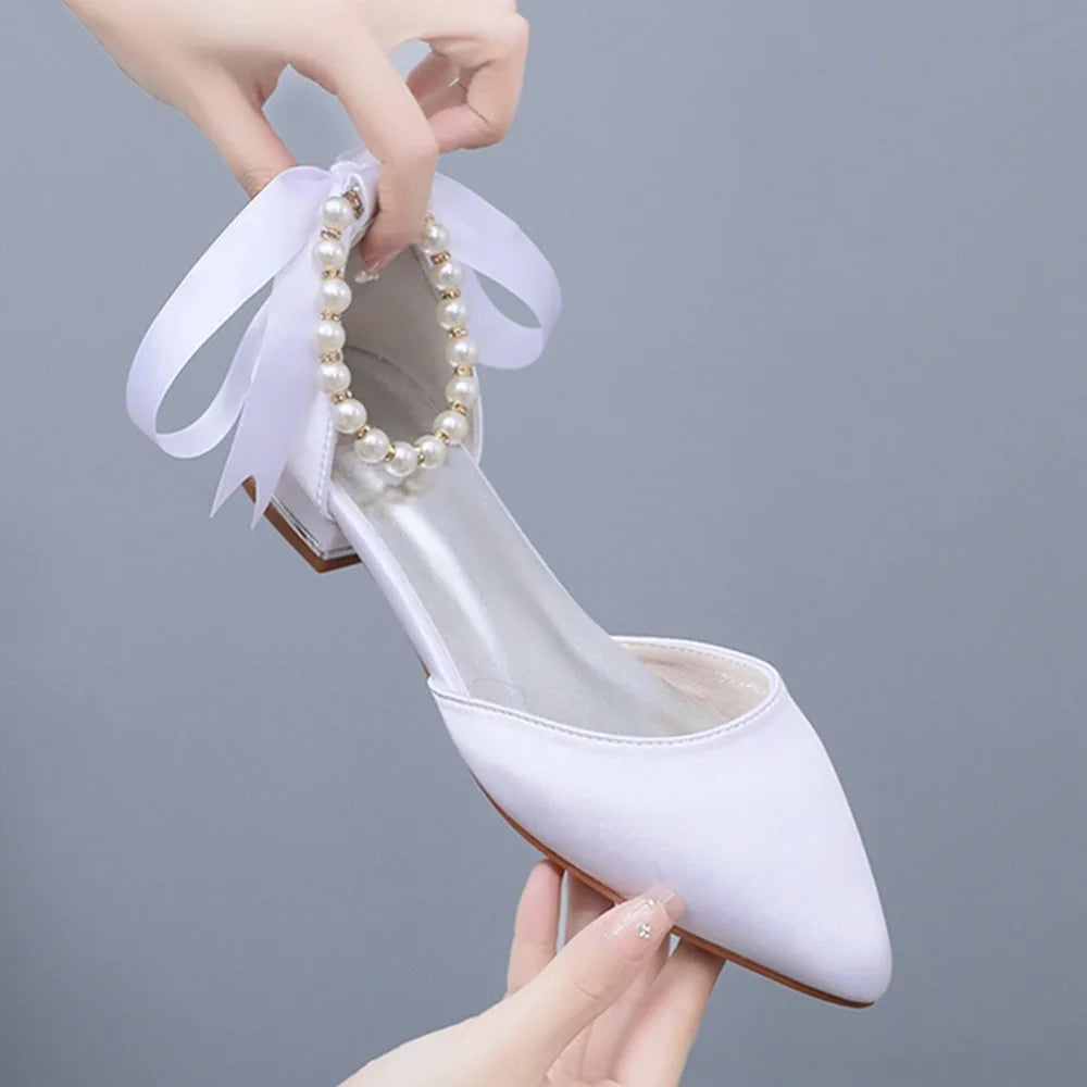 Wedding Shoes Bride Flat Heel Pointed Hollow Sandals Women White Satin Beaded Bride's Wedding Dress Shoes Sandalias De Mujer