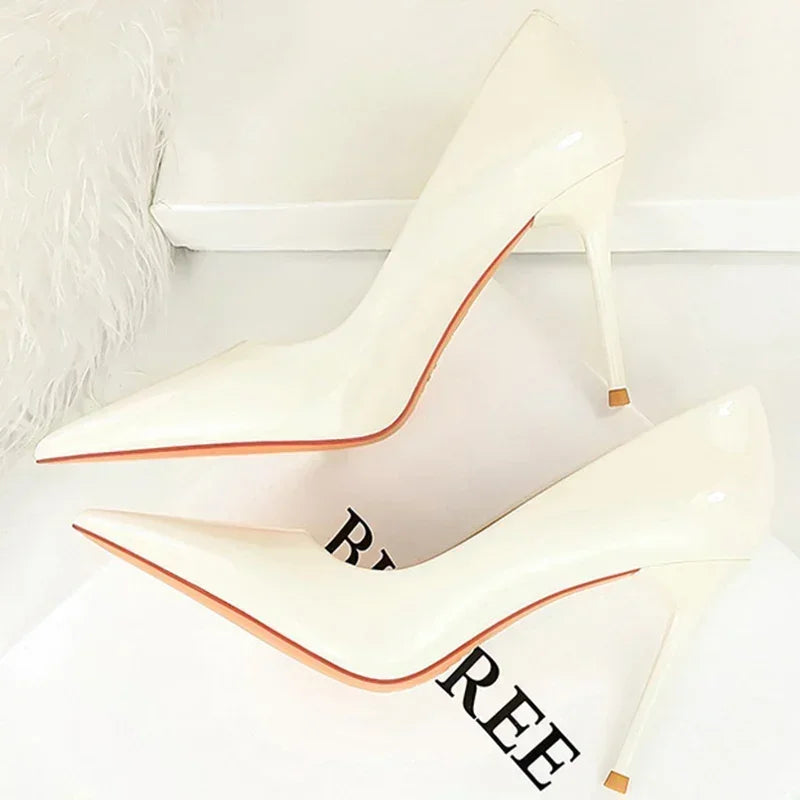 Women 7cm High Heels Career Temperament Work Pumps Lady Stiletto Heels Glossy Leather Fetish Royal Blue Nude Party Concise Shoes