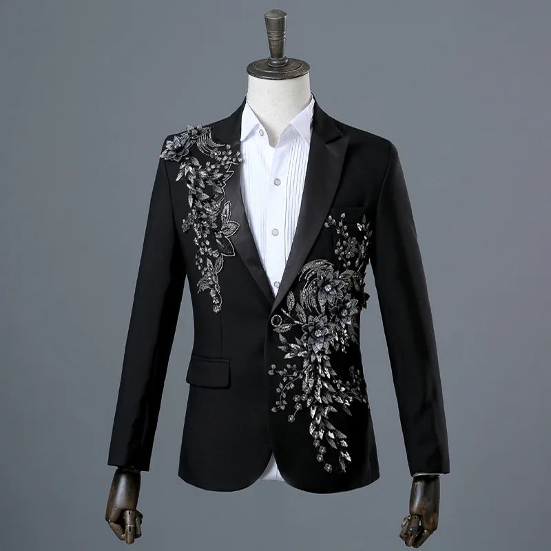 COLDKER Elegant Appliqued Mens Suits Slim Fit 2 Piece Formal Tuxedo Suits Blazer Pants with Bow Tie for Wedding Prom