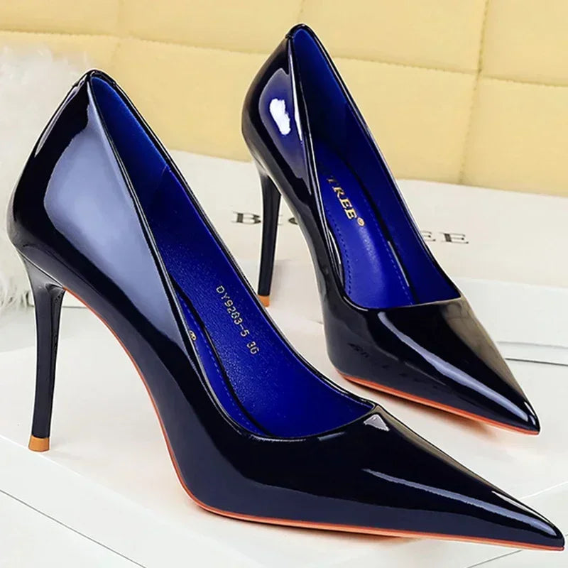 Women 7cm High Heels Career Temperament Work Pumps Lady Stiletto Heels Glossy Leather Fetish Royal Blue Nude Party Concise Shoes