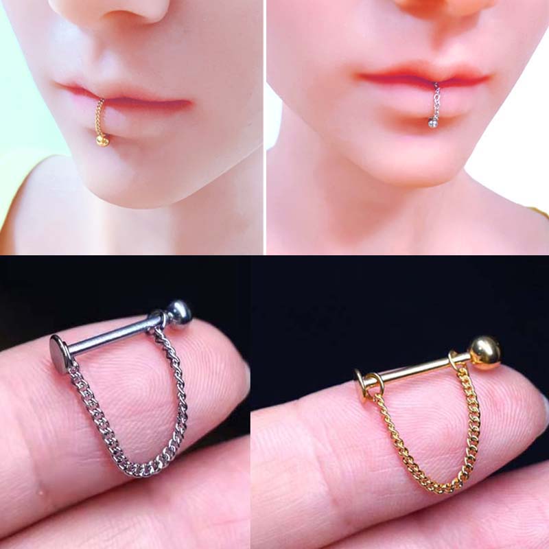 2PCS New Stainless Steel Lip Piercing Chain Labret Lip Stud Straight Bar In The Lips Labial Piercing Trendy Body Jewelry