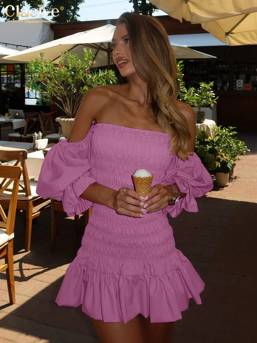 Clacive Bodycon Pink Linen Dress Ladies Sexy Chic Strapless Short Sleeve Mini Dress Elegant Pleated Party Dresses For Women 2025