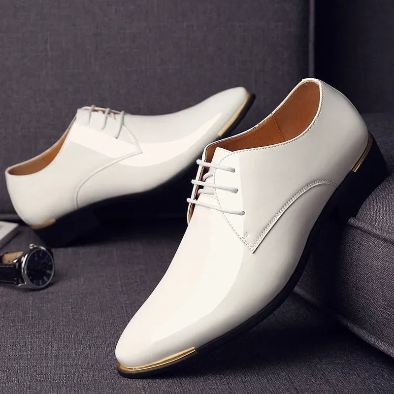 2024 New Men’s Patent Leather Shoes British Style Men's Dress Shoes Lace Up Pointed Toe Wedding Business Party Social Shoe Male