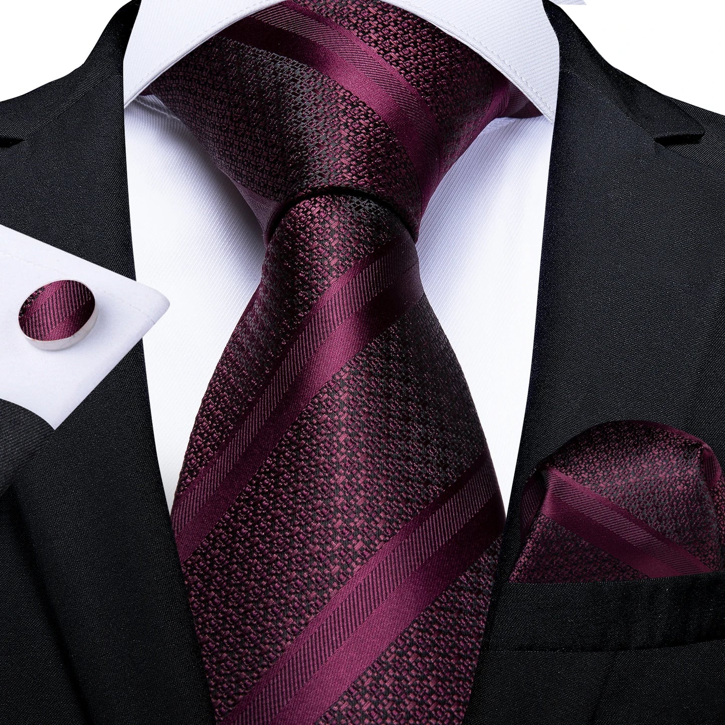 Solid Black Plaid Men's 8cm Polyester Neck Tie Handkerchief Cufflinks Set with Gift Box Tie Clip Birthday Anniversary Gift