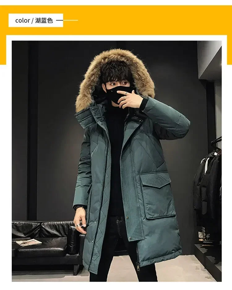 Men's Thickened Down Jacket Hooded Faux Fur Collar Winter Long Parka Jacket Outdoor Street Fashion Jacket Men's Clothing 2024