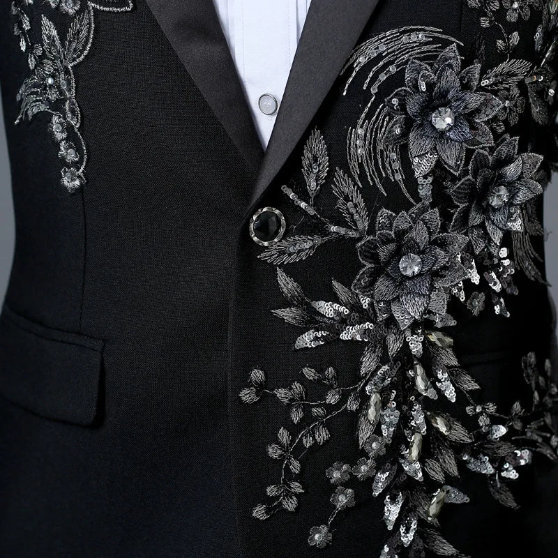 COLDKER Elegant Appliqued Mens Suits Slim Fit 2 Piece Formal Tuxedo Suits Blazer Pants with Bow Tie for Wedding Prom