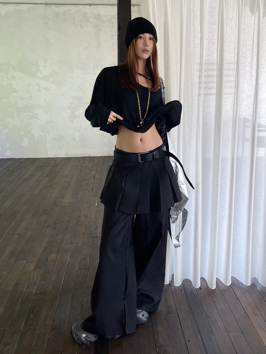 REDDACHiC Women's Pleated Skirt Overlay Suit Pants Work Casual Loose Cleanfit Black Plain Wide Leg Long Trousers Formal Clothes
