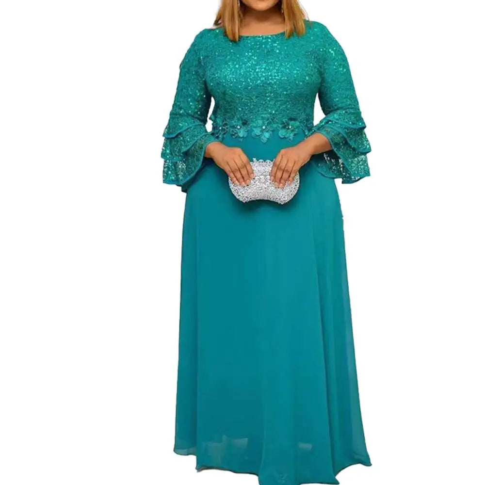 Muslim African Clothes Dresses Elegant Fashion Sequins Lace Ruffle Sleeve Clothing Evening Party Gown Women Plus Size Dresses