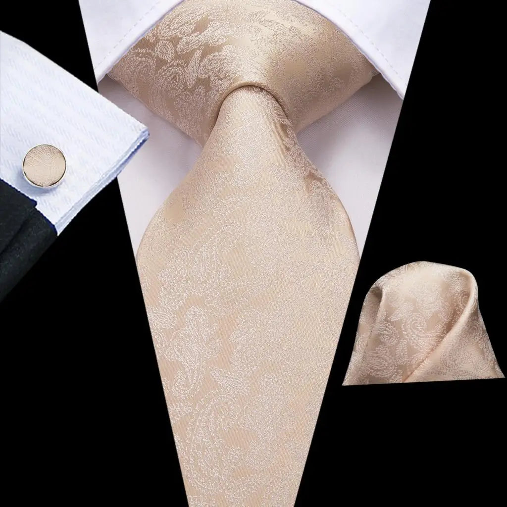 Hi-Tie Champagne Ivory Floral Solid Design Silk Wedding Tie For Men Quality Hanky Cufflink Fashion Nicktie Business Dropshipping