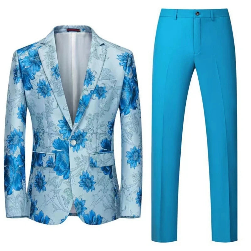 Men Suit 2 Pieces Orange Flower Pattern One Button Business Casual For Wedding Birthday Party Set Jacket And Pants