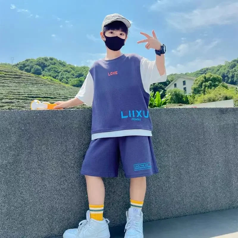 Junior Boys Summer Suit Children's Fashion Patchwork Short Sleeve Shorts Sports Suit Clothing 3-14Y Trend