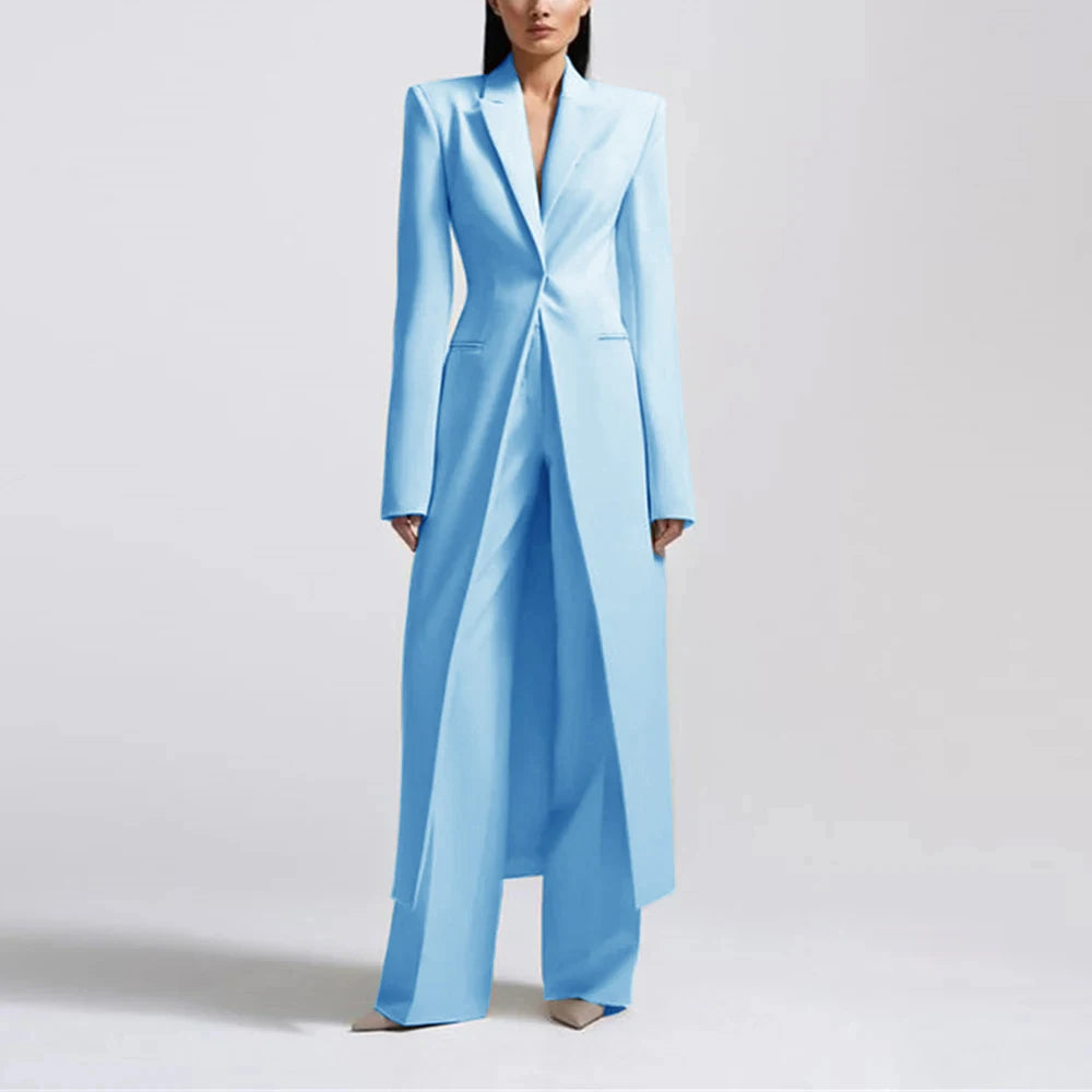 Fashion Beige Women's Blazer PantsSuit Peak Lapel Long Coat Wedding Formal Suits Office Lady Jacket Pant 2 Piece