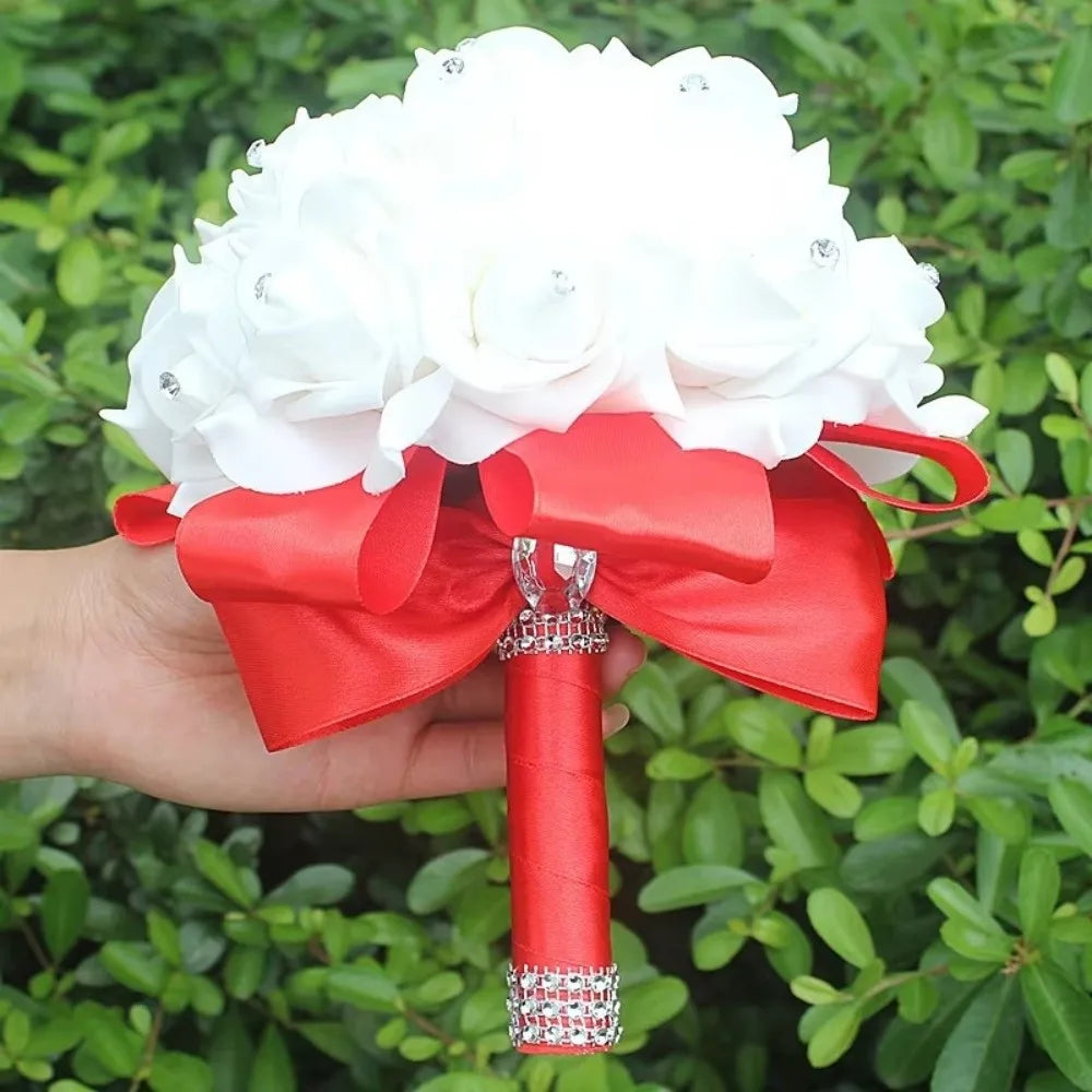 Romantic Rose Flower Bouquet PE Flower Satin Bridal Wedding Bouquet Simulation Artificial Rose Flower Bridal Wedding