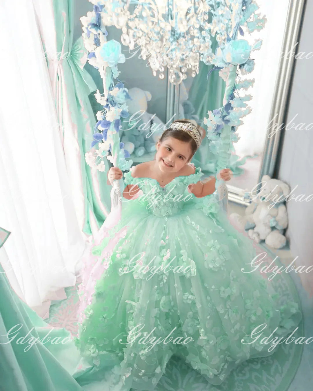 Pink 3d Applique Flower Girl Dress For Wedding Off Shoulder Luxurious Pearls Tulle Child First Eucharistic Birthday Party Dress