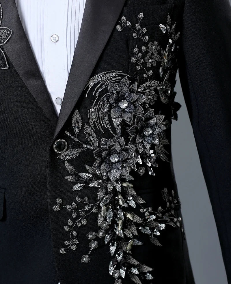 COLDKER Elegant Appliqued Mens Suits Slim Fit 2 Piece Formal Tuxedo Suits Blazer Pants with Bow Tie for Wedding Prom