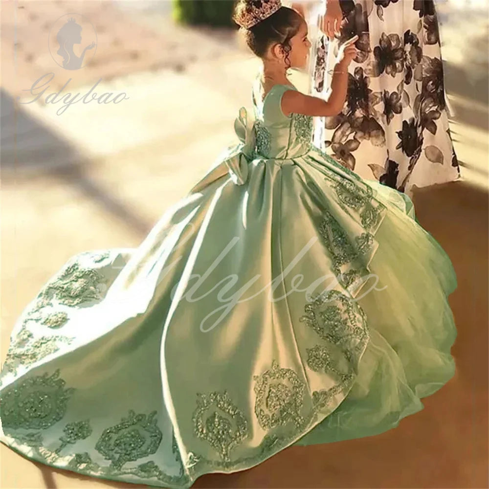 High Quality First Communion Dresses Kids Evening Ball Gown Gold Applique Bow Girls Pageant Dress Satin Tulle Flower Girl Dress