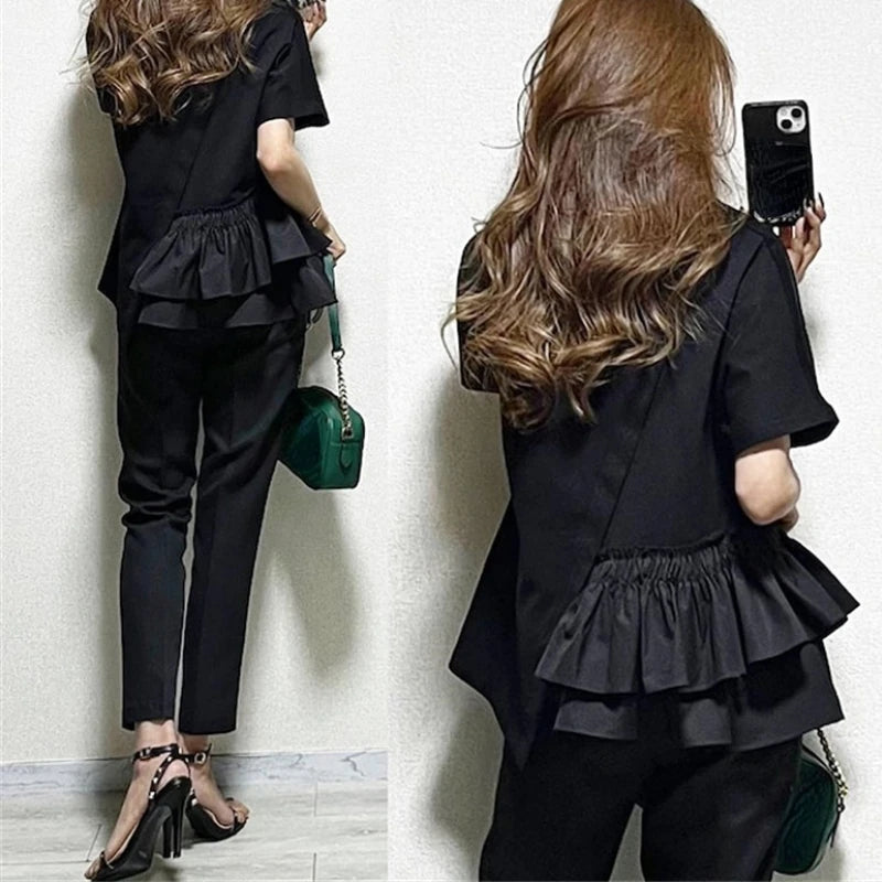 2024 New Short Sleeve Tshirts Women Ruffles Patchwork Asymmetrical Fashion T Shirts High Street Casual All-match Tops