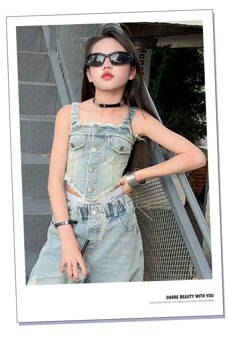 Girl Summer 2025 Halter Vest Ripped Wide-Leg Pants Two-Piece Set Kids Casual Harbor Flavor Simple Style