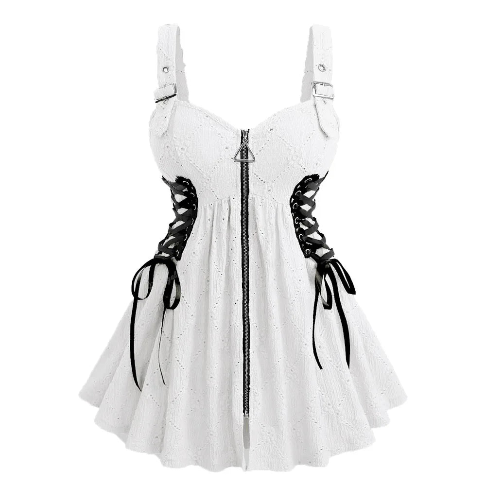 ROSEGAL Plus Size White Hollow Out Lace-Up Zipper Tank Tops Women Summer Jacquard Textured Buckle Grommet Backless Vest