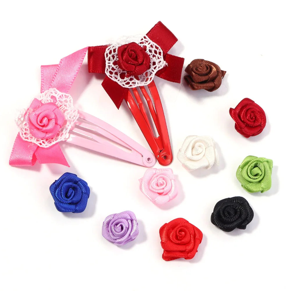 20Pcs/Lot Mini Handmade Rose Flower Satin Ribbon Rosettes Fabric Appliques For Wedding Decoration Craft Sewing Accessories
