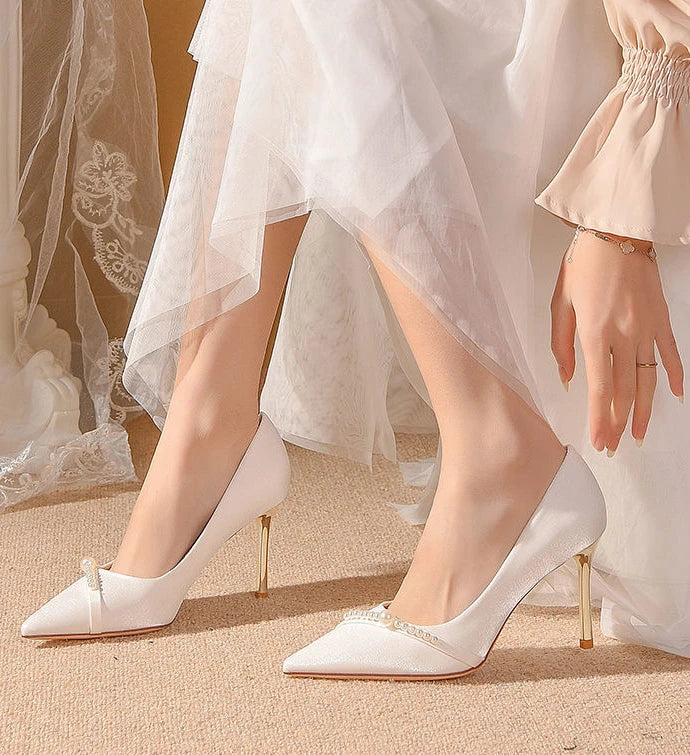 Women's Summer Footwear Bride Pumps Shoes for Woman 2024 Wedding Shoe on Heeled Pointed Toe Pearl Stilito High Heels Popular 39